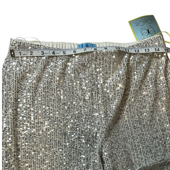 The CeCe Silver Sequin Pants Straight Leg Elastic Waist Band Stretchy Medium - Picture 14 of 15